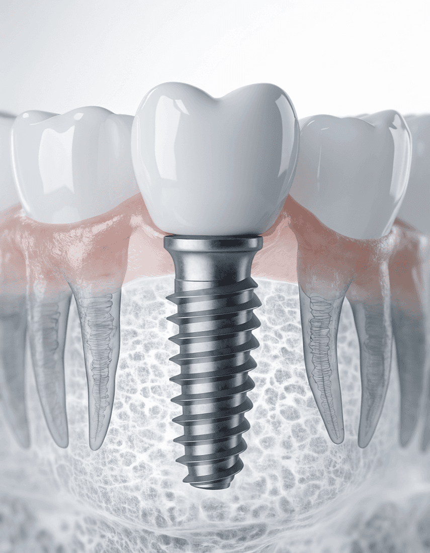 Dental implant with crown placed in the jaw
