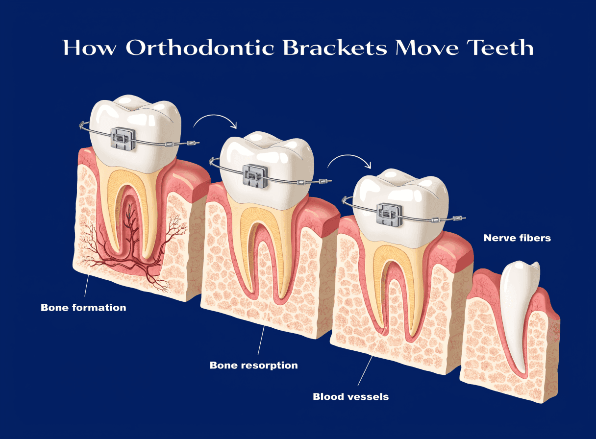 Anatomical illustration showing how braces and aligners move a tooth within the bone