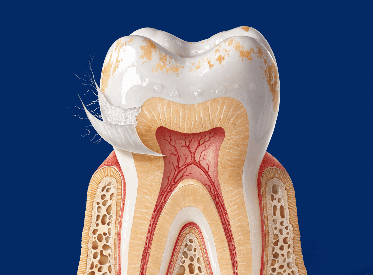 Anatomical cutaway of a tooth showing surface stains being lifted to brighter enamel