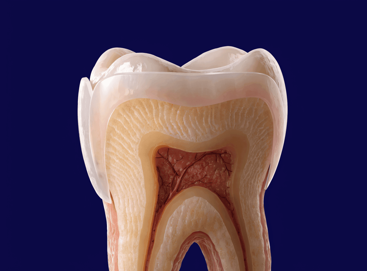Anatomical cutaway of a front tooth with a thin porcelain veneer bonded on its surface Anatomical cutaway of a front tooth with a thin porcelain veneer bonded on its surface