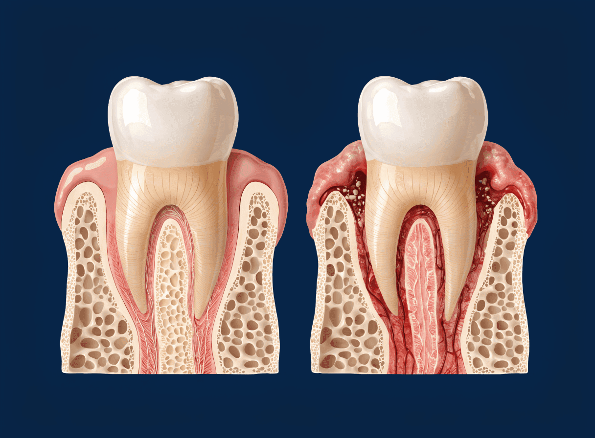 Anatomical cutaway comparing healthy gum and bone with gum recession and bone loss Anatomical cutaway comparing healthy gum and bone with gum recession and bone loss