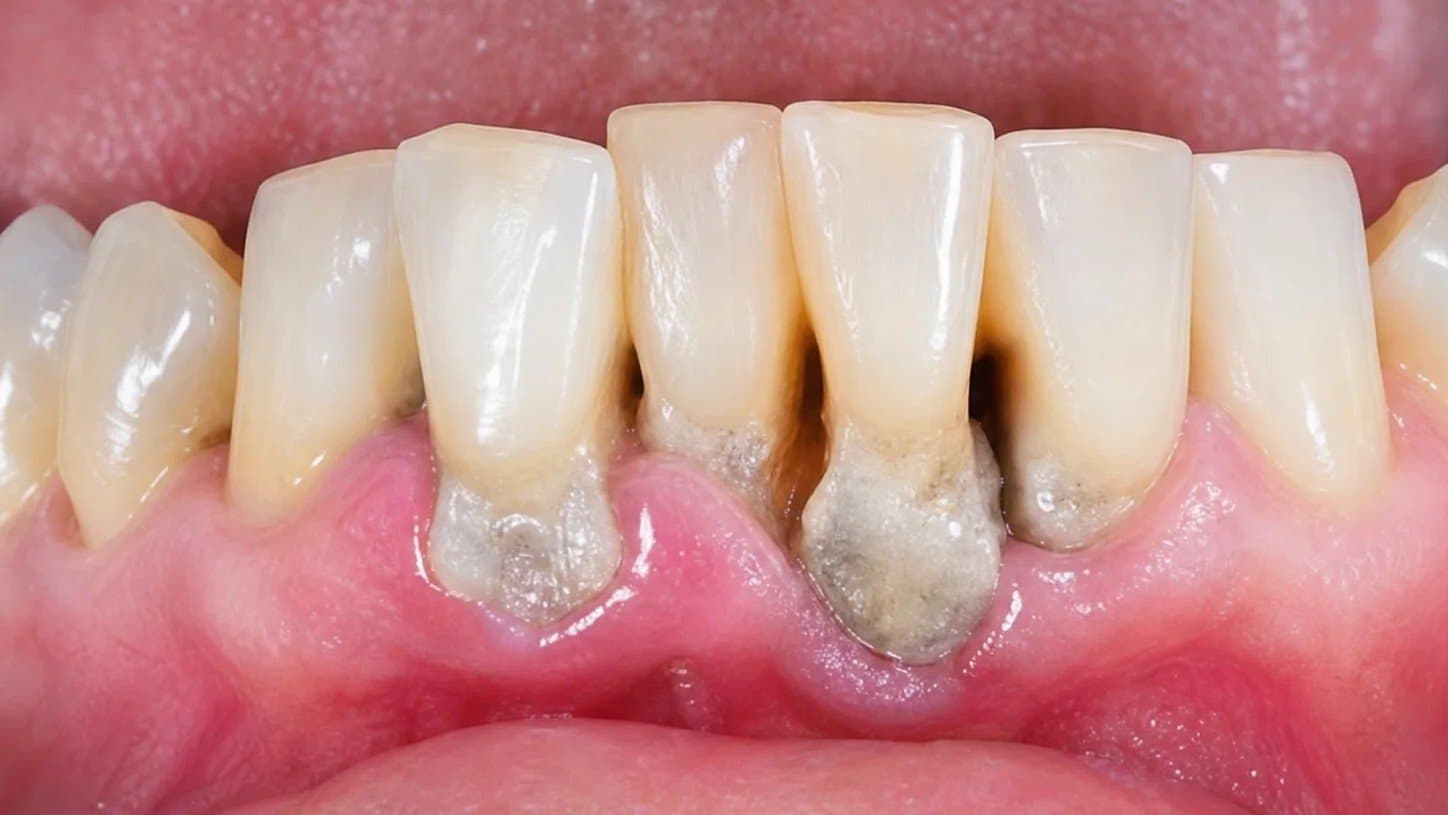 Before gum disease treatment at Dent Health, Banjara Hills, Hyderabad - Heavy tartar and inflamed, infected gums cleaned back to firm, healthy tissue. Drag to compare. Before gum disease treatment at Dent Health, Banjara Hills, Hyderabad - Heavy tartar and inflamed, infected gums cleaned back to firm, healthy tissue. Drag to compare.